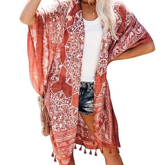 Posh N' Posy Women's Tassel Trim Mandala Kimono Beach Coverup Shawl Side Slit OS - Picture 1 of 9